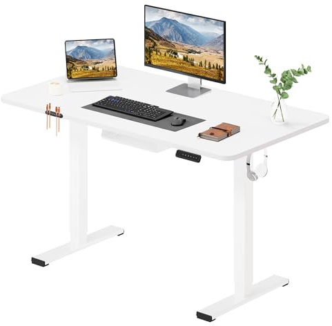 SANODESK Escritorio Elevable Eléctrico 120cm con Tablero Entero, Regulable en Altura con Memoria, Estable y Silencioso, con Gancho y Portabotella, Oficina y Hogar(Blanco)