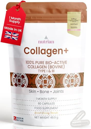 Collagen+ | 1200mg Bio-Active Hydrolysed 100% Bovine Collagen Peptides | Grass-Fed, Halal Certified, Made in UK | Type I & III | Skin, Hair, Nails & Joint Support | 60 Capsules | 1 Month Supply
