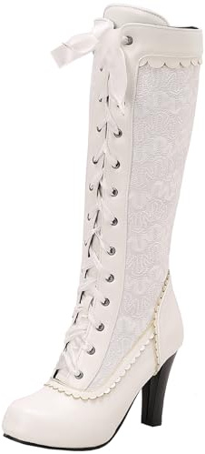BULVJ Bottines rétro à bout rond pour femme - Longueur genou - Lacets et fermeture éclair - Bottes longues avec talon bloc