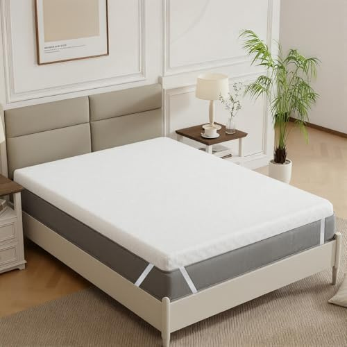 Panana Double Memory Foam Mattress Topper, 7cm Thick 4FT6 Cooling Bed Topper With Washable Cover, Pressure Relieving (White, 135 x 190 x 7cm)