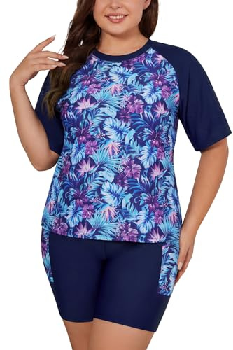 SHEKINI Maillot de bain 2 pièces Rashguard pour femme avec soutien-gorge intégré, maillot de bain à manches courtes et short boyshort avec poches, Imprimé fleurs bleues, 3XL