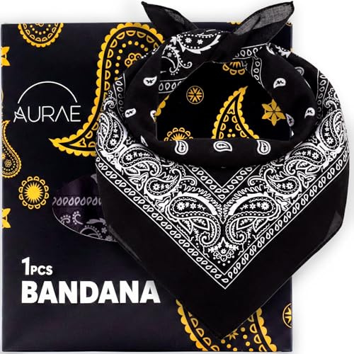 AURAE Bandana – 100 % bomull och naturliga fibrer – bandana scarf utan polyester – mjuk, hållbar och maskintvättbar, Svart, Standard