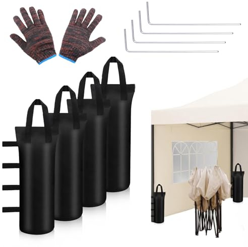 Yuaerbuo Lot de 4 Oxford 800D Poids pour Tonnelle Sac de Lestage pour Tonnelle Poids 40KG, avec Pique de Sol Gants de Travail, 50×20cm Sac de Sable Epaissir Leste pour Pied de Tonnelles, Auvent,Tente