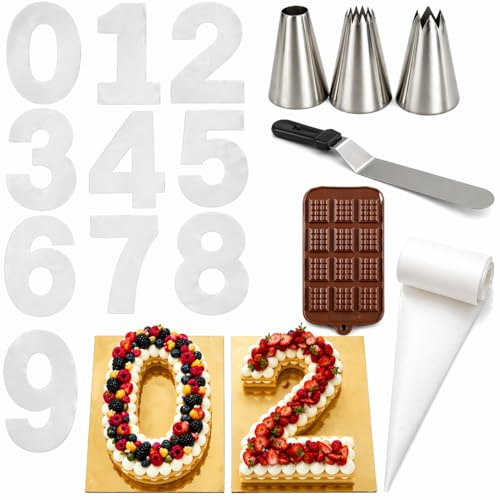 Cake Mastery Number Cake-kit | Siffermallar 0–9 | 10–12 portioner | 12 tum | Komplett kit för siffertårta med stabila mallar, 3 tyllar, 25 spritspåsar, vinklad spatel och gratis silikonform
