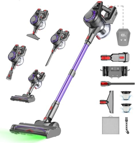 Aspirapolvere Senza Fili 40KPa 450W Motore Potenziato 50Min, 1.6L Scopa Elettrica Senza Fil Autoportante, Base di Ricarica Muro Spazza Anti Groviglio, Scopa Elettrica per Peli Animali Tappeti Parquet