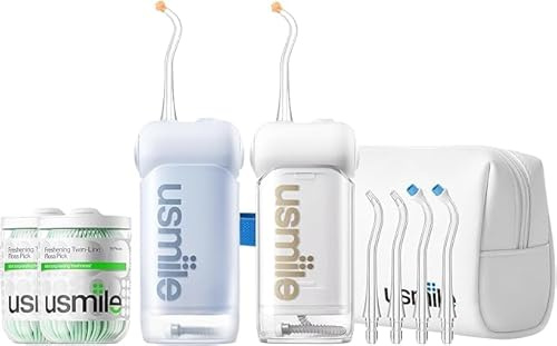 【Paquete 4 en 1】 Irrigador Bucal Portátil usmile C10 (Azul y Blanco), Estuche de Viaje y 2 Paquetes de 50 Palillos con Hilo Dental – Set Completo de Cuidado Bucal Familiar para el Hogar y Viaje