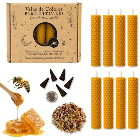 Pack 8 Velas Miel de Abeja + Bolsa Inciensos en Cono + Hierbas Ritualizadas – Cera Natural Aroma Real – Set Esotérico Ritual Limpieza Altar – Las Velas de Mariano