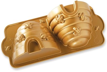 Nordic Ware Beehive Cake Pan, 3D Cast Aluminium Bundt Tin, Bundt Cake Tin with Honey Bee Pattern, Premium Cake Mould Made in The USA, Colour: Gold, 10 Cup Capacity, one Size