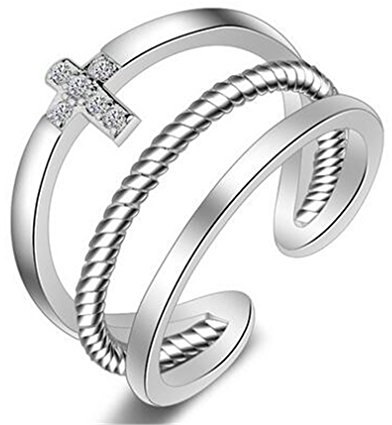 BROWOL Damen-Ring 925 Sterling Silber Kristall Fingerring Einfache Geometrie Kreuz Doppelring Verstellbar Verlobungsring Partnerringe zum Jahrestag