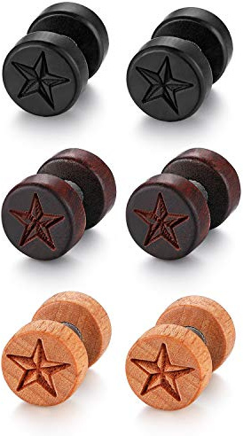 Flongo Herren Holz Ohrstecker - Damen Ohrringe mit Pentagramm Stern, 10mm Holz Edelstahl Gestüt Stecker Ohrringe in Braun und Schwarz