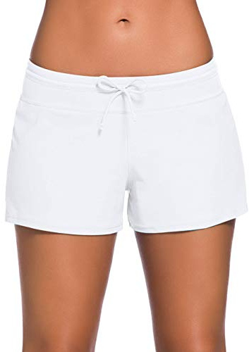 ChinFun Board Shorts Women's Swimswear Tankini Swim Briefs Side Split Swimsuit Bottom Waistband Stretch Boardshorts Beach Trunks Inner Lining White Size S