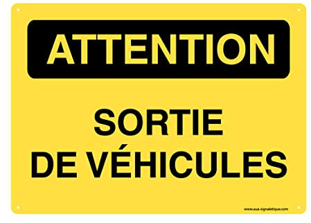 AUA SIGNALETIQUE - Panneau Prépercé (4 Trous) avec Angles arrondis - PVC Rigide 1.5 mm - (300 x 210 mm, Attention Sortie de Véhicules)