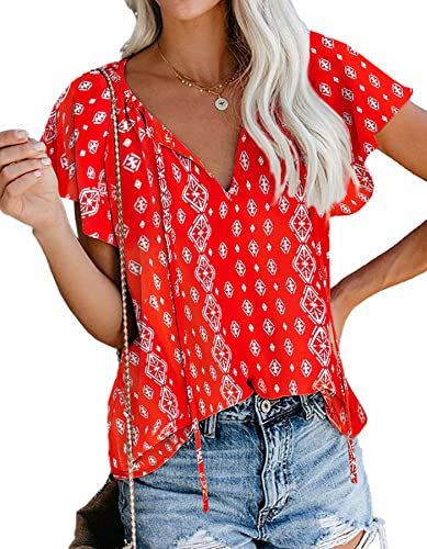 Women Bohemian V Neck Tie Vintage Printed Ethnic Style Summer Chiffon Blouses (Red,L)