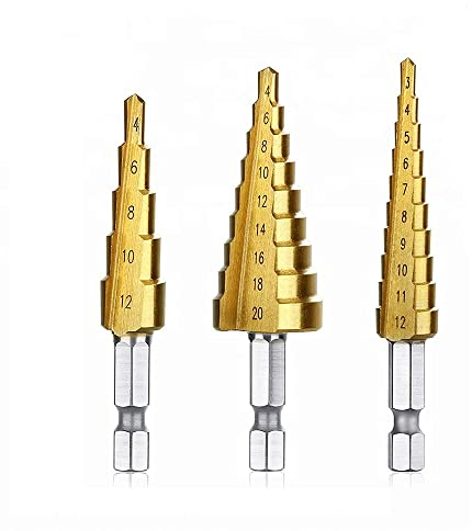 Fongmore 3 Unids 1/4 Hex Shank Drive Quick Change High Speed Steel Titanium Step Drill Bit Brocas de corta longitud para perforar agujeros 3-12mm 4-12mm 4-20mm