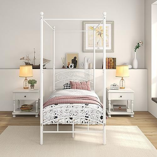 JURMERRY Canopy Bed Frame 3ft Single Size with Ornate European Style Headboard & Footboard Sturdy Steel Perfectly Fits Your Mattress Easy DIY Assembly All Parts Included,White