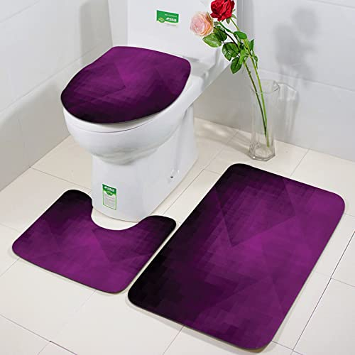 Rutschfeste Badematten 3 teiliges Set,Aubergine, abstrakte lila Quadrate in verblassten Farbschema mit moderner K,Hohe Wasseraufnahme, weiche Mikrofaser, WC-Vorleger, WC-Sockelmatte, maschinenwaschbar