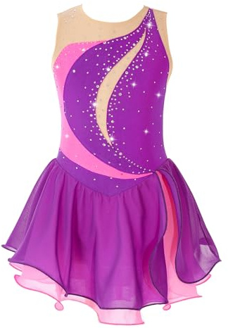 Alvivi Maillot Competicion Patinaje de sin Manga para Niñas Vestidos de Baile Patinaje Artístico Maillot Ballet con Falda Malla de Gimnasia Vestido de Bailarina A Morado 11-12 años