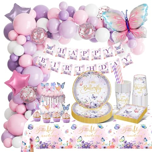 YIMAKJ Schmetterling Partygeschirr Set, 168 Stück Geburtstag Party Geschirr, Partygeschirr Kindergeburtstag Set, Schmetterling Pappteller Tassen Luftballons für Party Kindergeburtstag Deko 16 Gäste