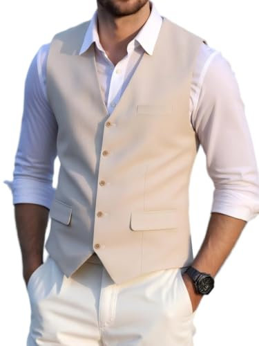 Solovedress Gilet de costume élégant pour homme - Gilet d'été en lin pour mariage et fête, beige, XXL