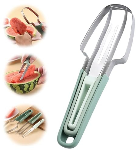 Coupe Pastèque, Couteau à Pastèque 3 en 1 Découpe Pastèque en Acier Inoxydable, Pastèque Tranche, Coupe Pasteque, Coupeur de Fruits pour Pastèque, Melon, Papaye, Fruit du Dragon (Vert)