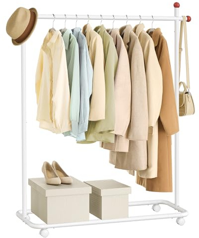 SONGMICS HOME Perchero, Perchero Metálico con Ruedas, 1 Barra para Colgar, Ganchos para Cerillas, Blanco Mate HSR170W01