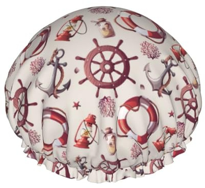 Hair Cap for Shower - lifebuoy anchor rudder Double Layer Shower Cap Reusable, Large Shower Cap for Women, Hair Cap for Shower with Peva Lining and Elastic Rope