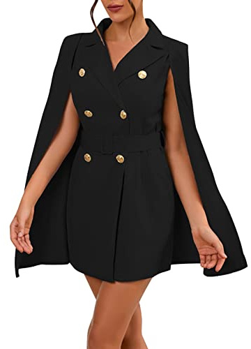 Blazer long et élégant pour femme - Veste de costume avec manches fendues - Cape poncho - Col en V - Robe de bureau - Deux pièces - Manteau business - Robe bodycon midi décontractée - Cape - Veste de