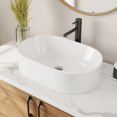 DeerValley White Oval Ceramic Countertop Basin with Drain 55.5x34.5x14cm | Cloakroom Hand Wash Sink, Bathroom Lavatory Vanity, High Gloss Finish, Easy Clean, Durable Ceramic