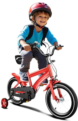 GIDRLL Bicicleta infantil de 14 pulgadas, altura ajustable, para niños y niñas a partir de 2-4 años, con ruedas estabilizadoras y sistema de frenado dual (rojo)