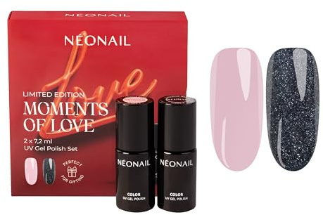 NÉONAIL UV Nagellack Set - Gel Nägel Set MOMENTS OF LOVE – NÉONAIL Farben - UV Lack - Gel Nägel - Nageldesign - Glänzendes Beige Simple Bliss 7,2 ml & Glitzerndes Schwarz Cheerful Nights 7,2 ml