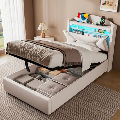 ZUUYEE Letto Singolo con Contenitore 90x200 cm, Letti Singoli con LED, USB e Type-C, Letto Contenitore Idraulico, Letto Bambini con Doghe, Lino, Beige, Senza Materasso