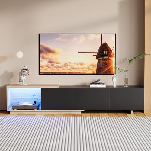 Utbyggbart TV-möbel, TV-möbel 240 cm längd med LED-belysning, 3 lådor, TV-möbel i trä, TV-möbler för 65-tums TV, moderna TV-möbler för vardagsrum och sovrum, svart, 240x38x44cm