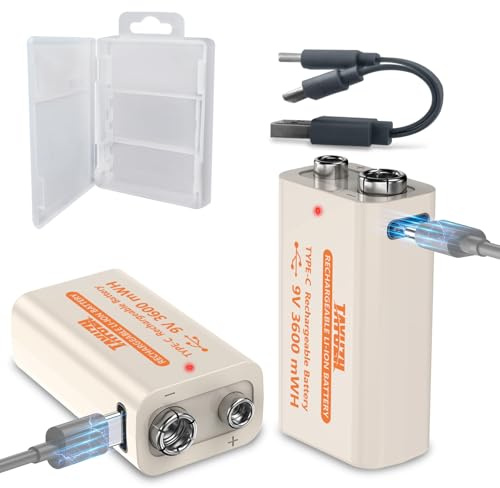 Batterie agli ioni di litio ricaricabili 9V, 3600 mAh, ricaricabili tramite Type-C, con indicatore LED, per rilevatori di fumo, microfoni, giocattoli, torce, 2 pezzi