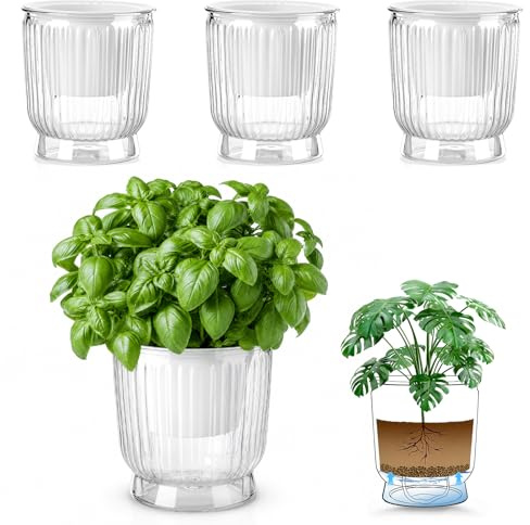 Set om 4 krukväxter inomhus med självbevattningssystem, 11 cm krukor för krukväxter, vita krukor inomhus, plastkrukor med självbevattningssystem, dräneringshål
