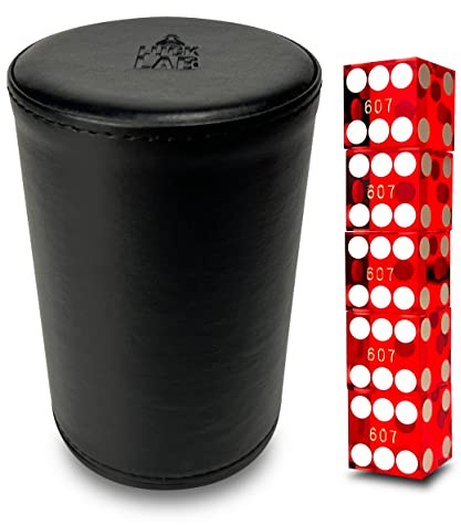 Luck Lab Black Leather Dice Stacking Cup with 5 Serialized Razor Edge 19 mm Casino Dice - Pro Straight Cup for Stacking and Magic Tricks (Red Dice)