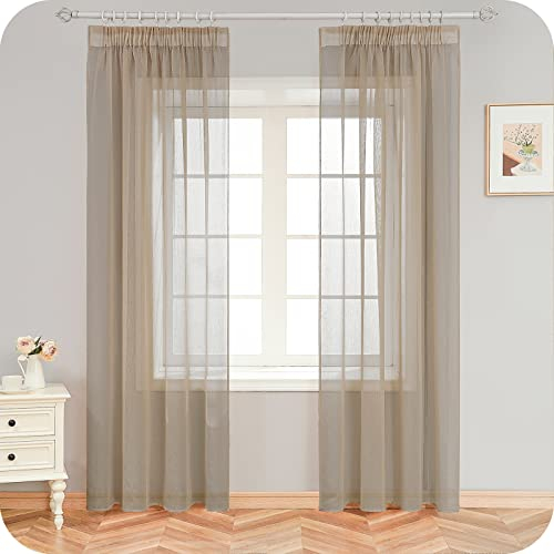 MRTREES Gardinen mit Kräuselband Stores Gardinen Beige kurz transparent 245X140cm (HXB) Schlaufenschals 2er Set Vorhänge in Leinenoptik für Wohnzimmer Schlafzimmer Mädchen Jugend Curtains
