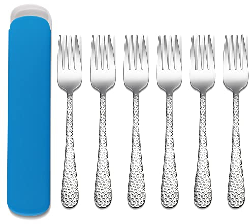 Joyfair Lot de 6 fourchettes en acier inoxydable pour enfant avec étui bleu, couverts mignons pour enfants pour l'auto-alimentation, aspect adulte martelé et petite taille, antirouille et passe au