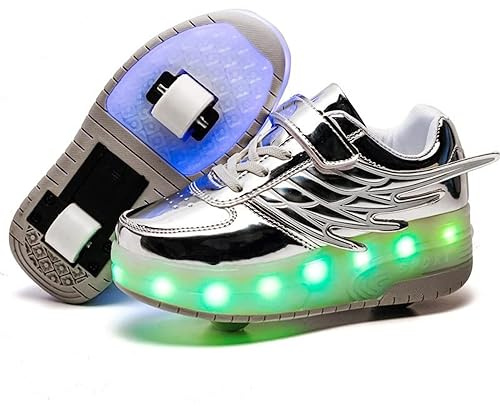 LED skateboard 7 färger blinkande sportsko med rulle multisport utomhus friidrott gymnastik löpning sneaker automatisk infällbar sneakers mode, Cd03silver, 29 EU