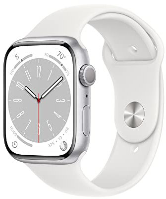 Apple Watch Series 8 (GPS 45mm) Smart watch - Silver Aluminium Case with White Sport Band - Regular. Fitness Tracker, Blood Oxygen & ECG Apps, Water Resistant