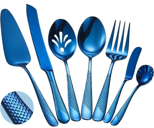 Xideman® 7-delars hamrat serveringsbestick av rostfritt stål 18/10 – värdinnebestickset med tårtknivar och tårtspade (Blå)