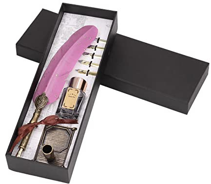 ANKROYU Kalligraphie-Stift Feder, Retro-Federstift-Sprenkel, Federkiel Dip Quill Pen Writing Ink Set, tdekorative Schreibwerkzeuge für Zuhause (Rosa)