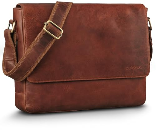 ROYALZ Vintage axelväska läder medium stor för män kvinnor 14–15 tum laptopväska 'San Diego' kontorsväska Messenger Bag arbetsväska portfölj äkta läder, roma cognac brun, M
