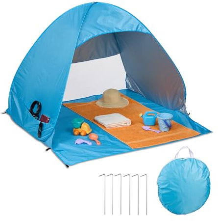 Relaxdays Strandmuschel Pop up, UV Schutz 50, mit Heringen & Tragetasche, HxBxT: 110 x 140 x 145 cm, 2 Personen, blau