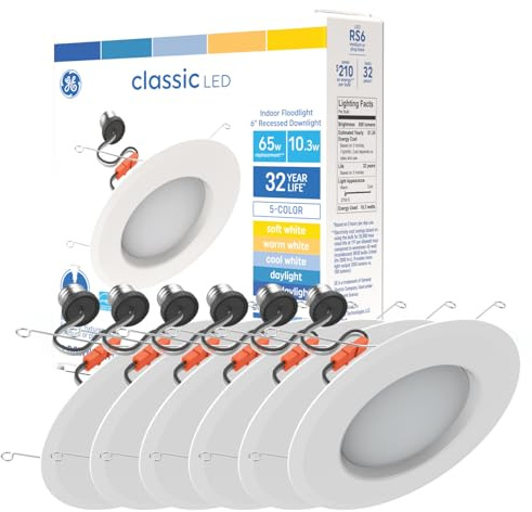 GE LED Recessed Downlight Fixture, RS6 Indoor Floodlight, 6-Inch, Multiple Color Temperatures, 65 Watt Replacement (6 Pack)