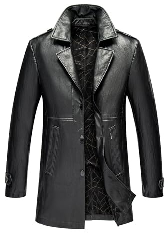 TINNYTT Giacca in Vera Pelle da Uomo, Cappotto Autunnale e Invernale con Risvolto da Lavoro, Giacca Antivento, Giacca Antivento di Media Lunghezza, Cappotto Caldo Autunnale e Invernale,Black-M