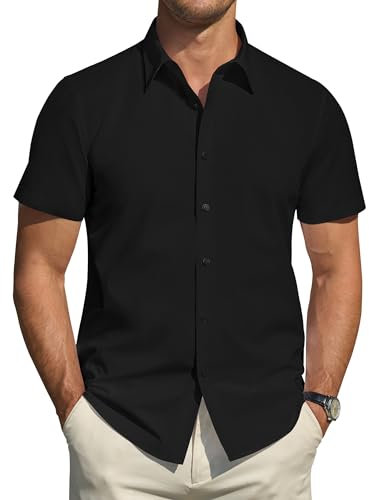 J.VER Short Sleeve Shirts Men Stain Shield Dress Black Shirts Men Regular Fit Stretch Non Iron Business Work Office Casual Formal Summer Shirt L