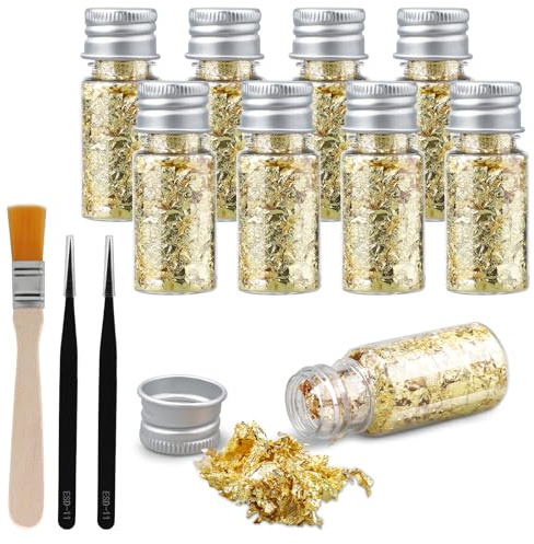 9 botellas de papel de aluminio dorado, copos de oro, lámina de oro para manualidades, alimentos, pasteles, hornear, tartas, lámina decorativa, artesanía, copos de lámina dorada