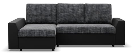Mebligo LUGO - Ecksofa mit Schlaffunktion, Bettkastem, Komfort und Still, Universelle Seite, dunkelgrau + schwarz (Lawa 17)