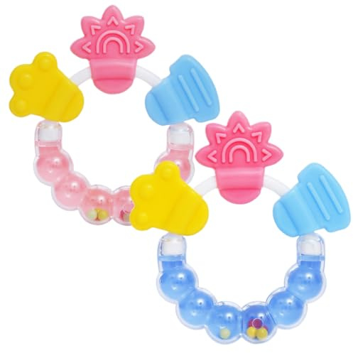 FIMWOLZ Set 2 anelli dentizione bambino, giocattolo morso in silicone senza BPA, sicuro per dentizione e anello presa (rosa e blu)