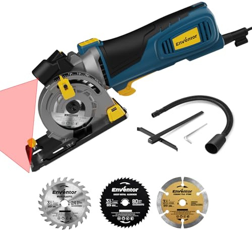 Enventor Mini Kreissäge 600W, Mini Handkreissäge mit Skalenlineal & Laserführung, 5500RPM, Einhändiges Halten, 3 Sägeblätter, für Holz, Fliesen, Kunststoff und dünne Metalle